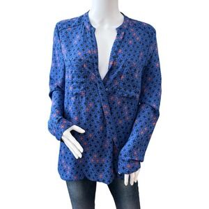 Maeve Anthropologie Eva Wrap Novelty Print Blue High Low Pocket‎ Blouse Size 10